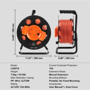 Extension Cord Reel 100FT, 4 Outlets 12 or14AWG SJTO
